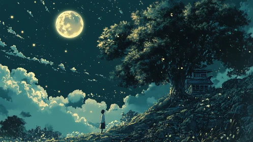 Moonlit hilltop wanderer beneath a glowing story-tree.