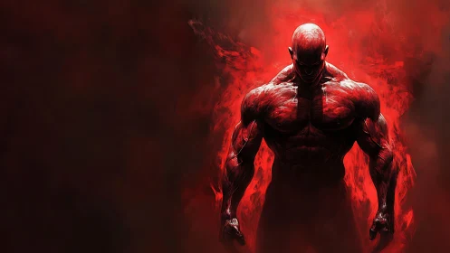 Muscular crimson figure emerges from swirling red smoke