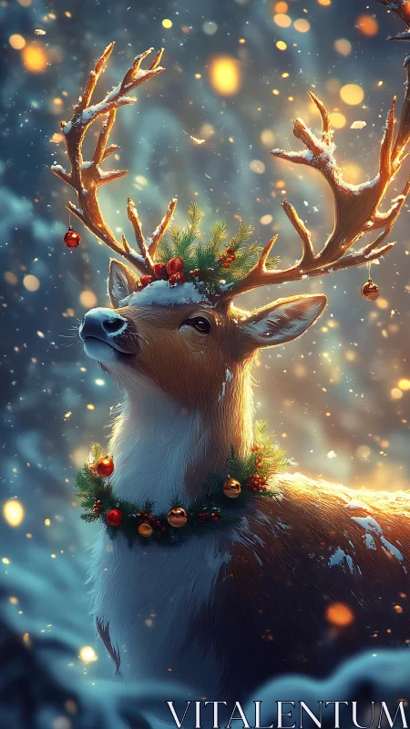 Festive reindeer portrait with wreath and snowlit antlers