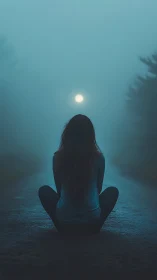 Solitary dreamer gazes into moonlit fog on a quiet road.