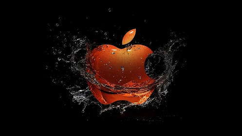 Orange apple emblem with dynamic water splash on black.