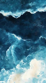 Abstract swirling ocean waves in deep blue and white tones.