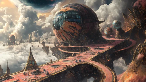 Concept art of orbital sphere city with elevated cloudways.