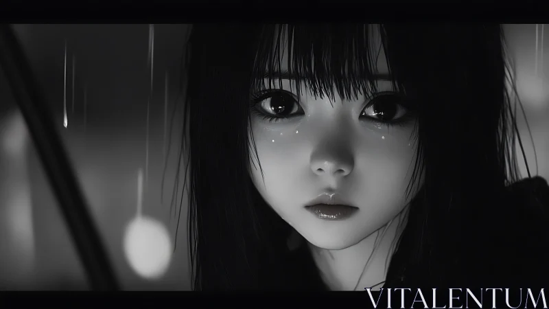 Melancholic anime girl in rain with reflective gaze.