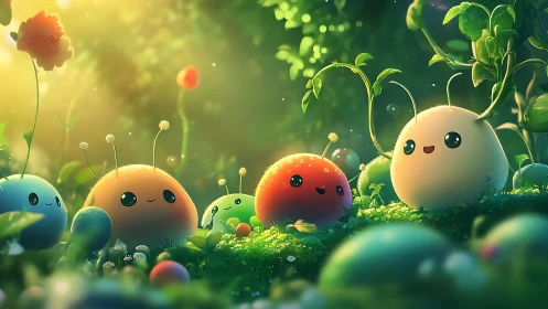Smiling round creatures sit on mossy forest ground in light