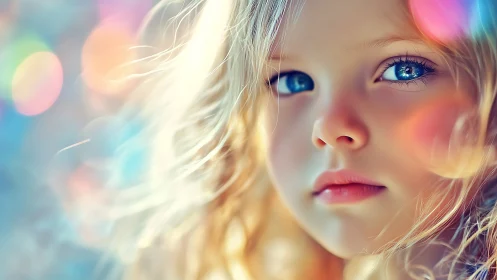 Young child with pale blonde hair and blue eyes in soft pastel light