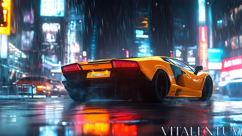 Neon‑lit rain‑soaked street with orange supercar rear view