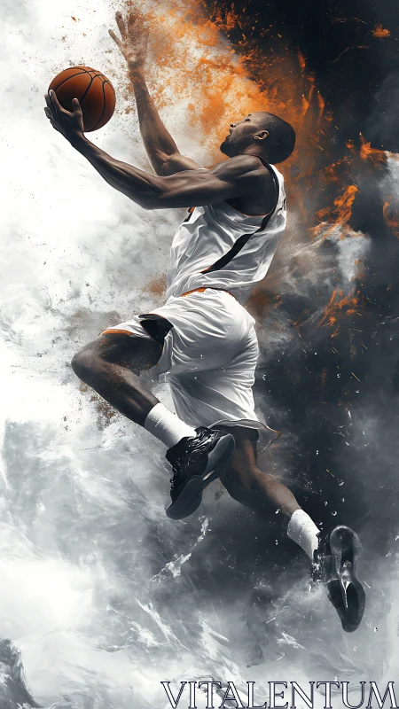 Soaring basketball dunk amid explosive fire and smoke storm.