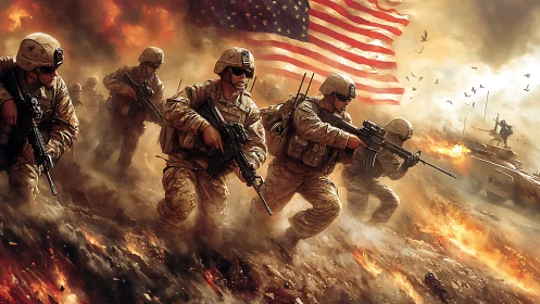 Modern soldiers charge through battlefield inferno under flag.
