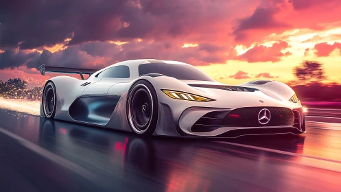 Sunset hypercar streaking through molten neon horizons.