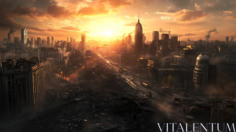 Post-apocalyptic city skyline under burning sunset glow.