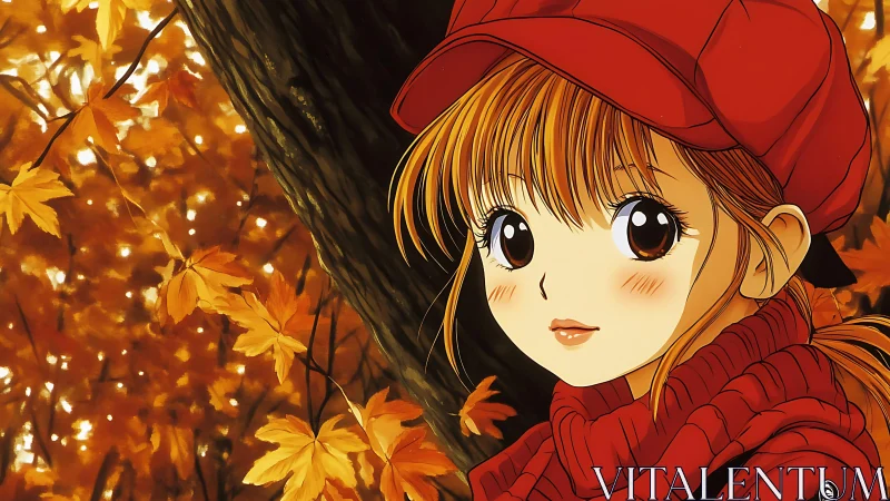 Autumn anime girl in red coat beneath glowing maple leaves.