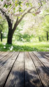 Rustic wooden deck under soft focus spring blossom trees.
