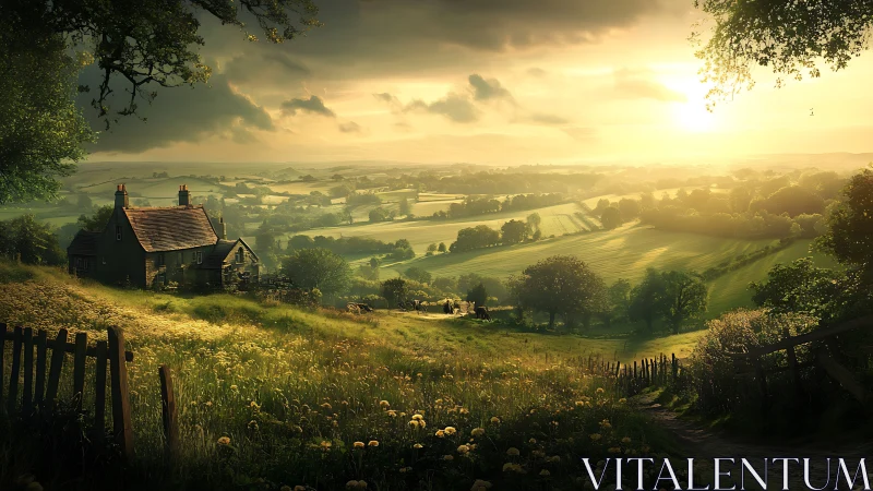 Sunlit farmhouse overlooks rolling countryside at golden hour