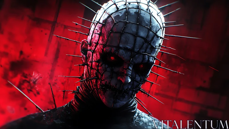 Spiked horror figure stares out from a blood-red void