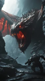 Armored soldier confronts infernal dragon in misted ravine