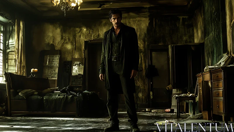 Solitary figure dominates decayed apartment interior in noir light