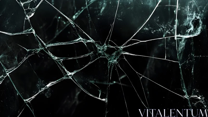 Close-up of shattered glass with sharp cracks, dark abstract style.