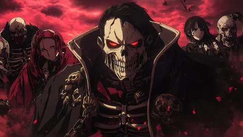 Skeletal figures in cloaks under red storm-filled sky.