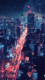 Nighttime high rise cityscape with neon traffic corridor.