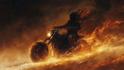 Flaming midnight rider carving paths through fire and smoke.