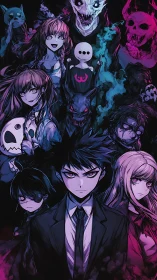 Dark anime ensemble with spectral monsters and neon haze.