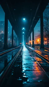 Wet city rail tracks under elevated bridge at night.