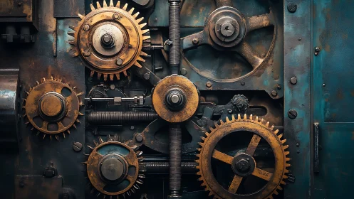 Rust-bronze gear ballet inside a teal industrial heartbeat.