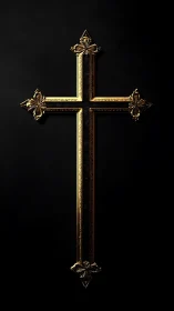 Gilded ornate Christian cross on black background.