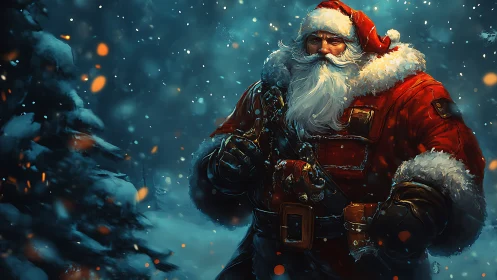 Battle-hardened Santa strides through embers and snowstorm night.