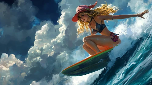 Female surfer on wave under dense clouds, digital artwork.