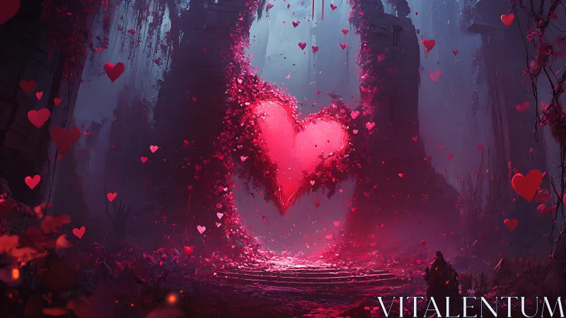 Luminescent heart structure amid architectural ruins and dispersed particles