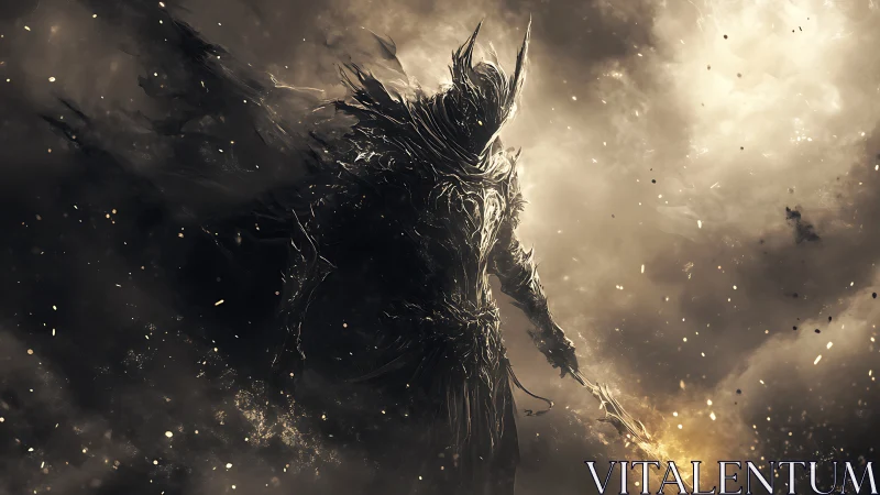 Dark armored wraith strides through swirling embers of battle