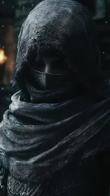 Hooded assassin portrait with high-contrast lighting and textured cowl