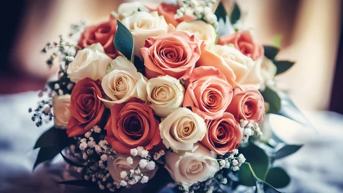 Warm-toned bridal rose bouquet in soft window light.