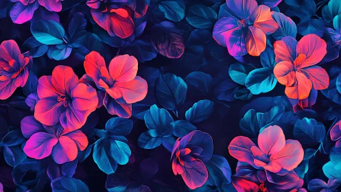 Neon tropical blossoms glow against deep midnight foliage