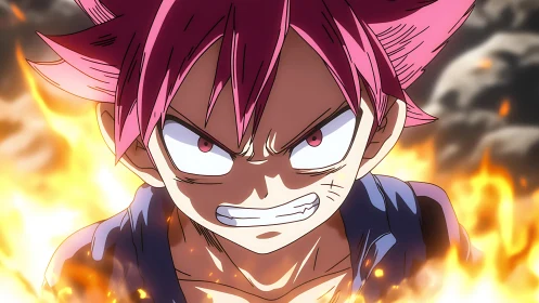 Flame-charged anime brawler grinning through roaring chaos.