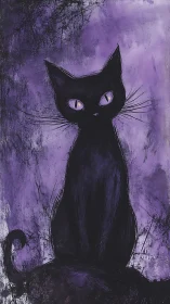Black Cat with Glowing Purple Eyes Against Violet Background