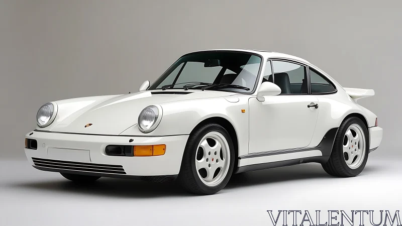 White rear-engined sports coupe in studio-controlled lighting.