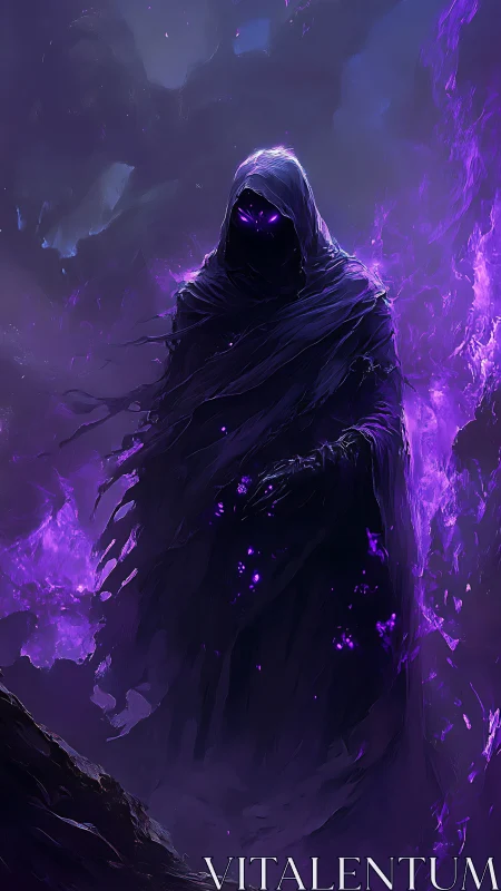 Hooded void wraith emerges from swirling violet flames