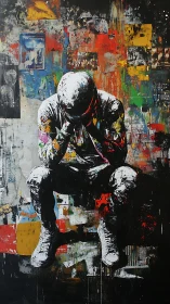 Seated figure with bowed head amid layered urban wall collage.