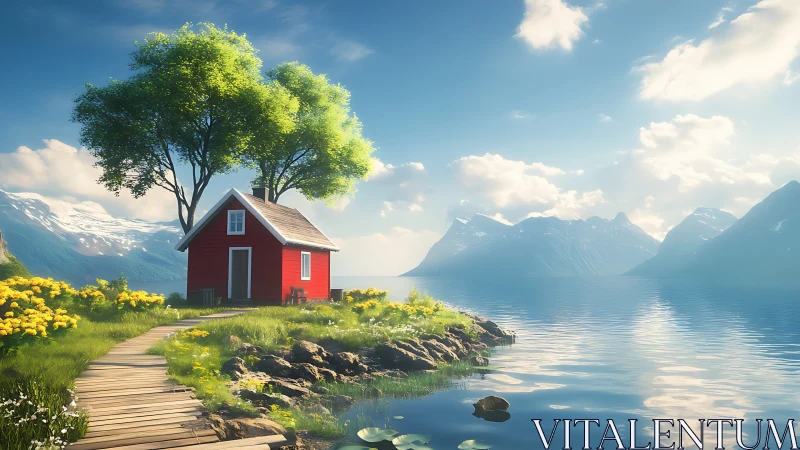 Red dwelling structure with vegetation on lakeside terrain.