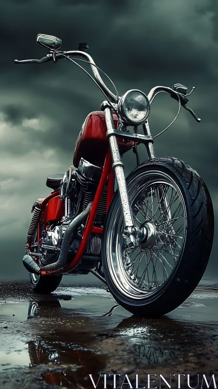 Low-angle crimson chopper motorcycle under stormy sky.