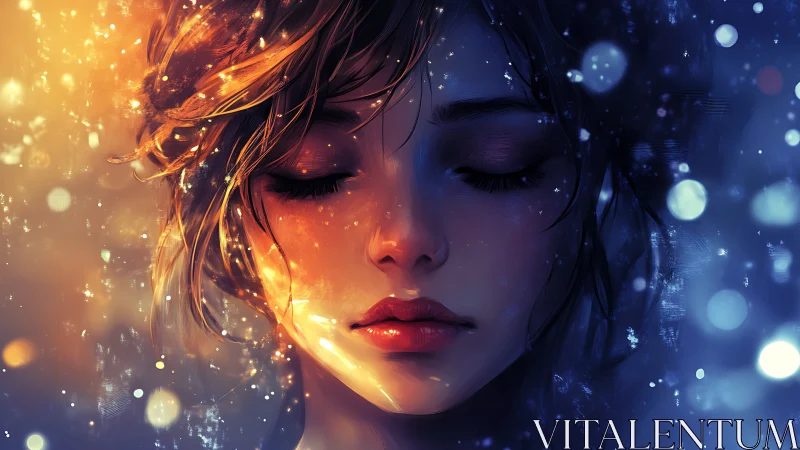 Luminous portrait contrasts warm light and cool twilight glow.