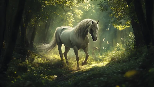 Luminous white stallion traversing volumetric forest light field.