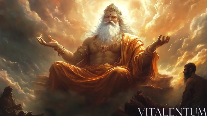 Majestic robed deity seated in glowing celestial clouds.
