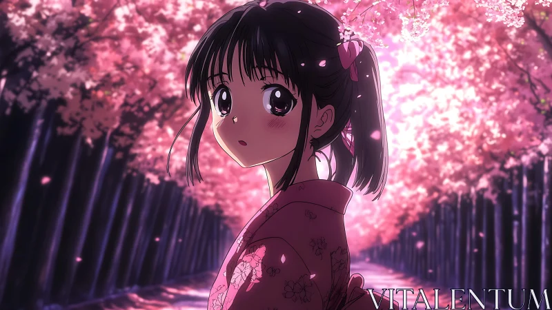 Anime girl walks under glowing cherry blossoms at dusk