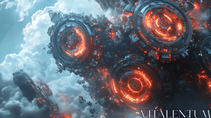 Gigantic molten ringed machines drift within dense clouds.