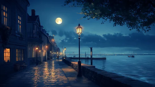 Moonlit waterfront street with lampposts and calm harbor.