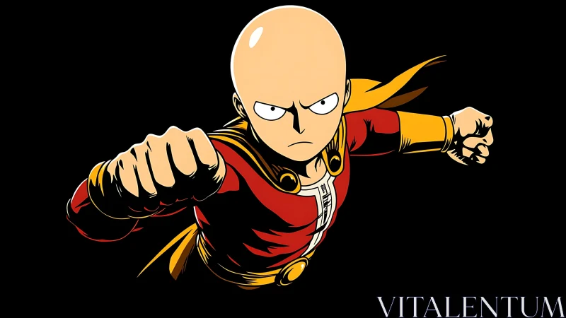 Bald caped hero lunges forward with a powerful punch.